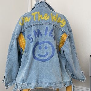 Distressed oversized embroidered denim jean jacket